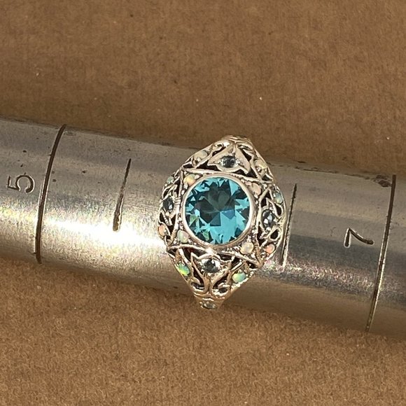 Fabulous 1CT Aquamarine & Fire Opal Size 6 Ring - Picture 1 of 5